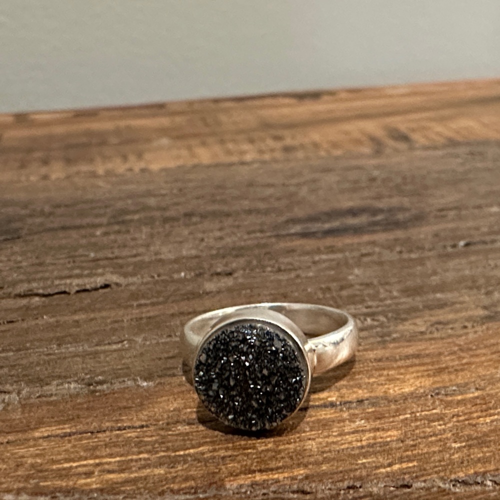 Black Druzy Round Silver Ring